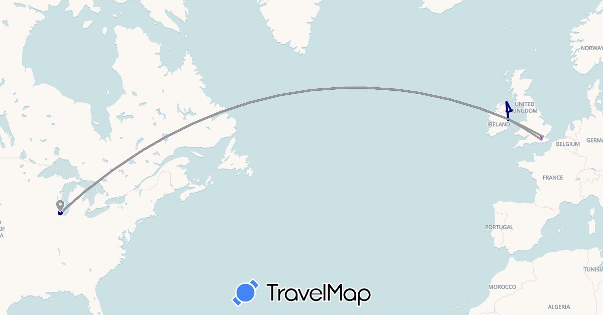 TravelMap itinerary: driving, plane, train, hiking in United Kingdom, Ireland, United States (Europe, North America)