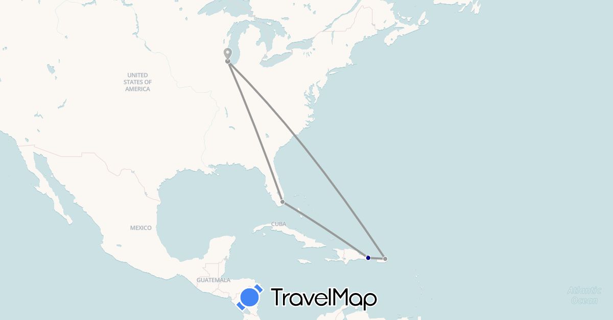 TravelMap itinerary: driving, plane in Dominican Republic, Puerto Rico, United States (North America)